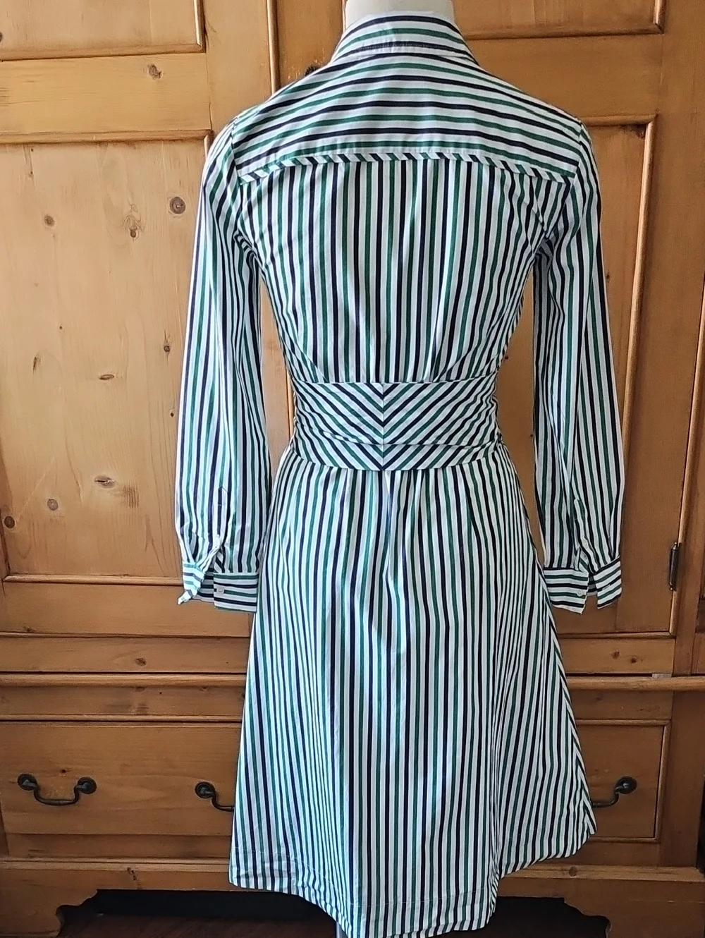 J Crew Tie Waist Shirt Dress Navy/ Green/ White Stripes Size 00 - Picture 8 of 11